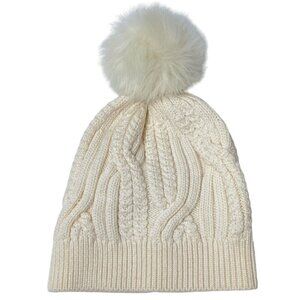 CLUB MONACO Adorelli Hat Cable Knit Wool Beanie with Faux Fur Pompom Cream